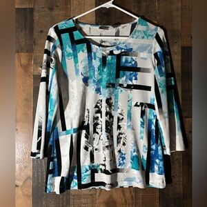 Women’s Sz 0 Small Chico’s White, Blue & Teal Abstract Geometric Long Sleeve Top